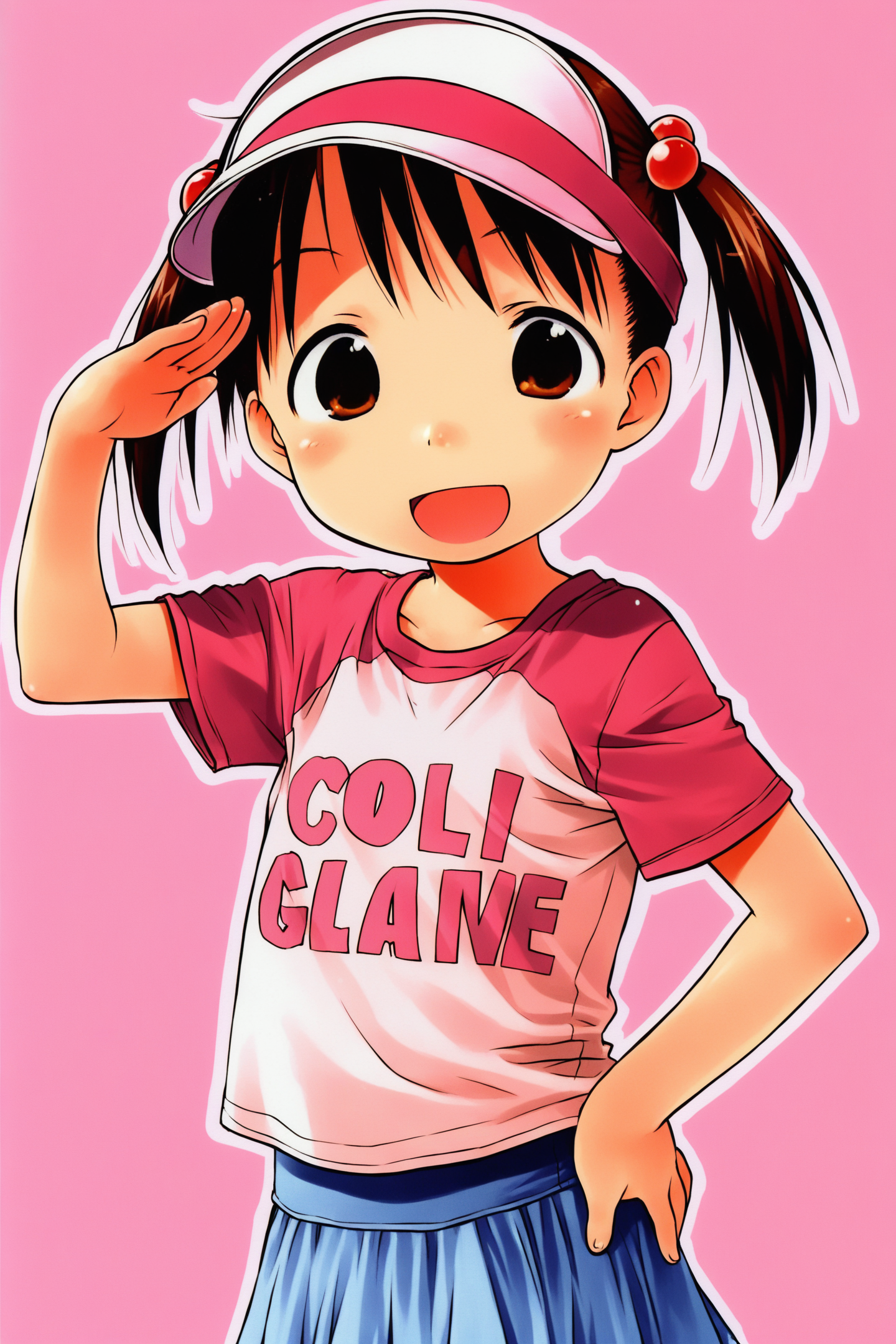 37430-2211207685-Miu Matsuoka,1girl,solo,visor cap,hair bobbles,hair ornament,twintails,open mouth,brown eyes,smile,hand on hip,clothes writing,s.png